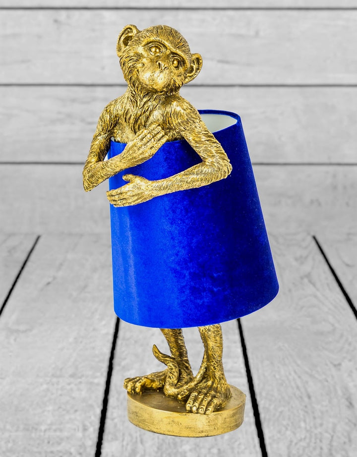 Antique Gold Bashful Monkey Table Lamp with Blue Velvet Shade