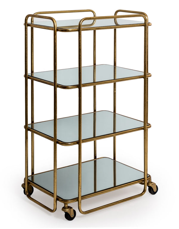 Antique Gold/Bronze Leaf Metal Bar Trolley with Mirror Shelves