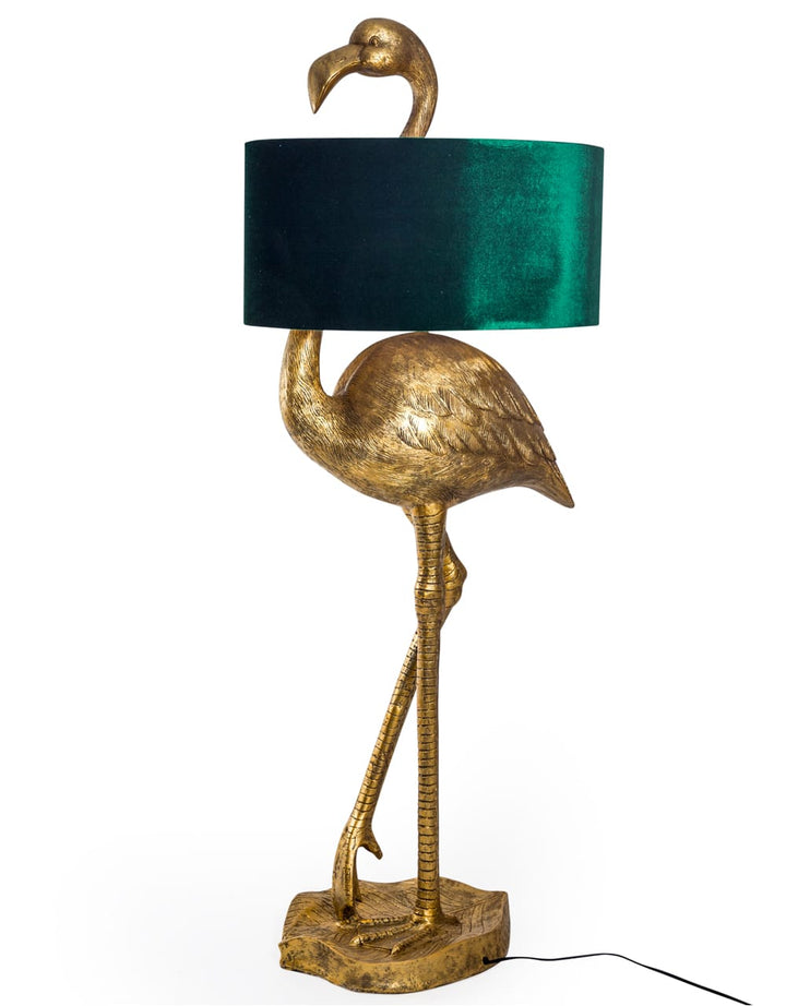 Antique Gold Flamingo Floor Lamp with Green Velvet Shade