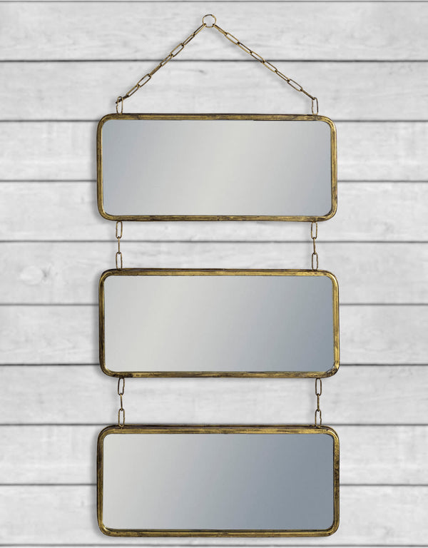 Antique Gold Metal 3 Piece Wall Mirror on Chain