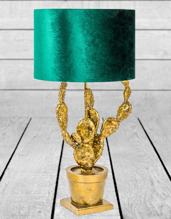 Antique Gold Potted Cactus Lamp with Green Velvet Shade