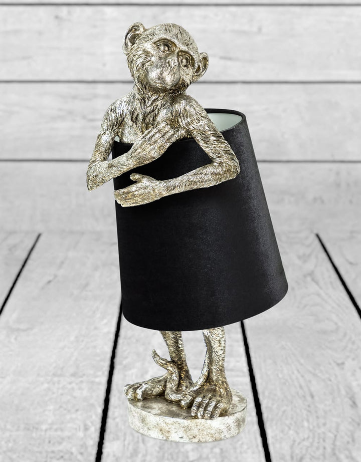 Antique Silver Bashful Monkey Table Lamp with Black Velvet Shade