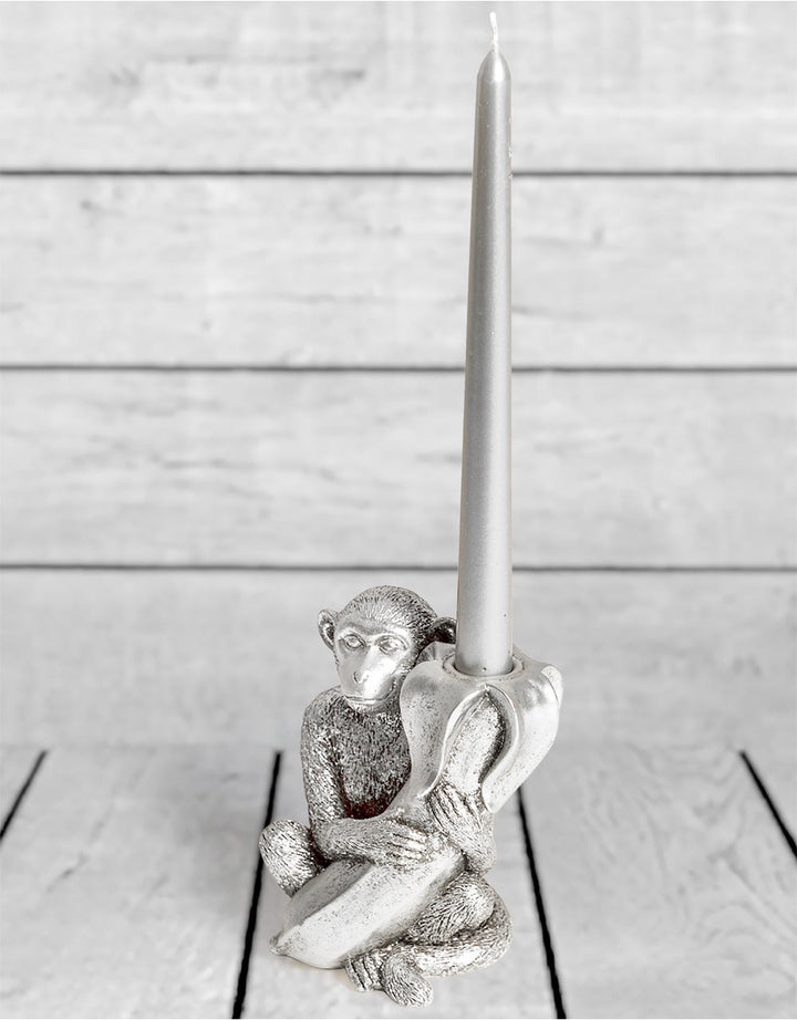 Antique Silver Monkey with Banana Candle Holder