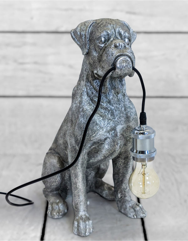 Antique Silver Sitting Boxer Dog Table Lamp