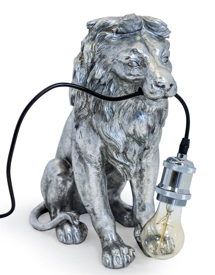 Antique Silver Sitting Lion Table Lamp