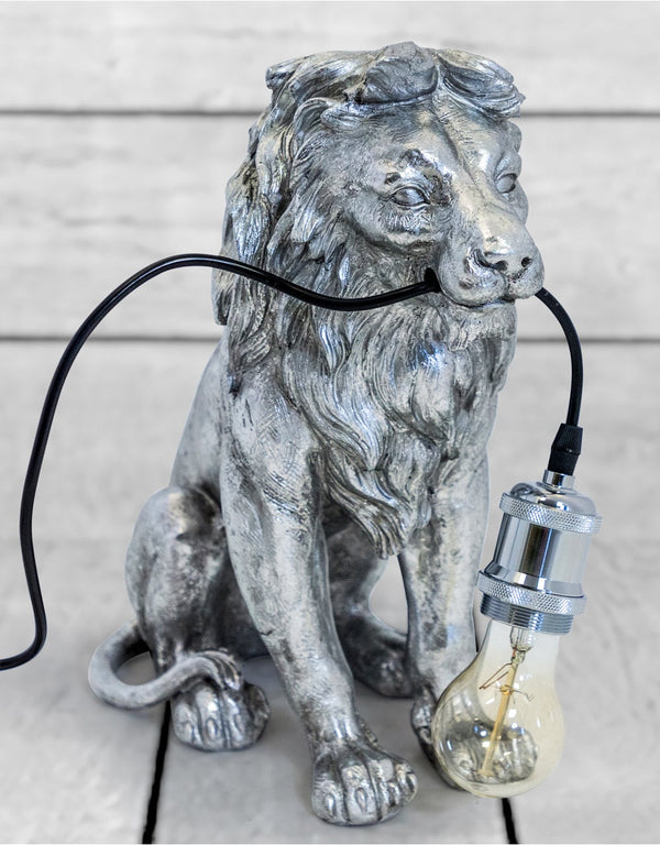 Antique Silver Sitting Lion Table Lamp