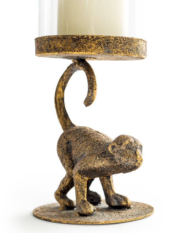 Antiqued Crouching Monkey Candle Holder with Glass Cover