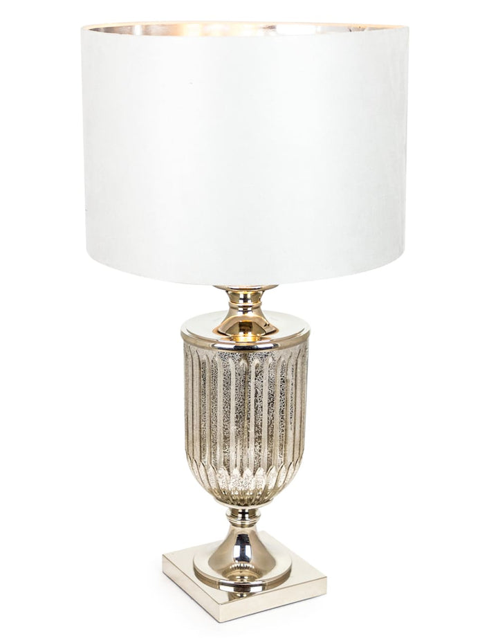 Antiqued Glass Urn Lamp with Silver Velvet Cylinder Shade