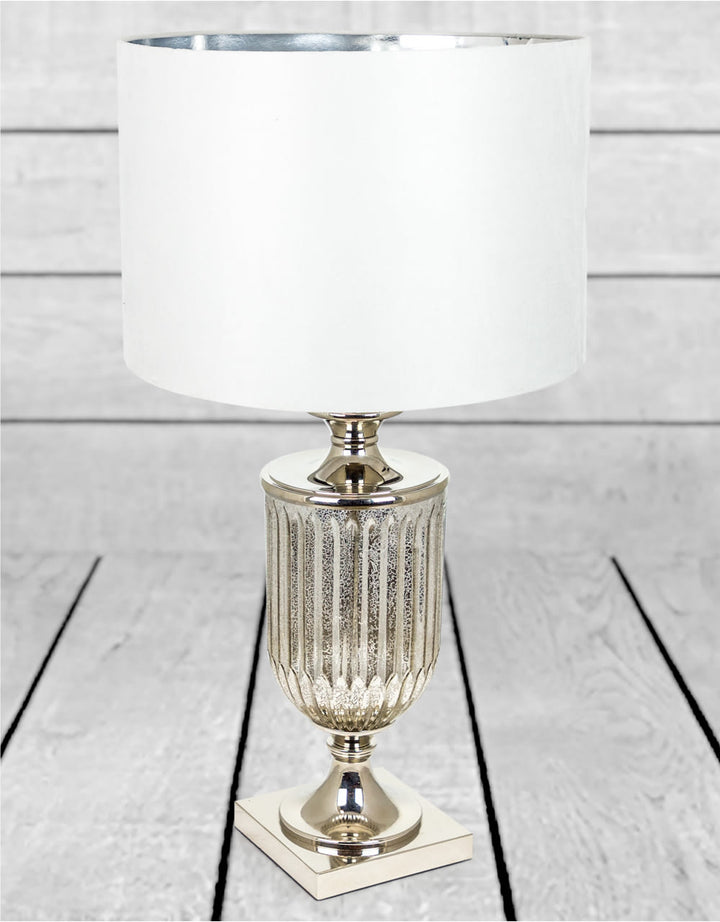 Antiqued Glass Urn Lamp with Silver Velvet Cylinder Shade