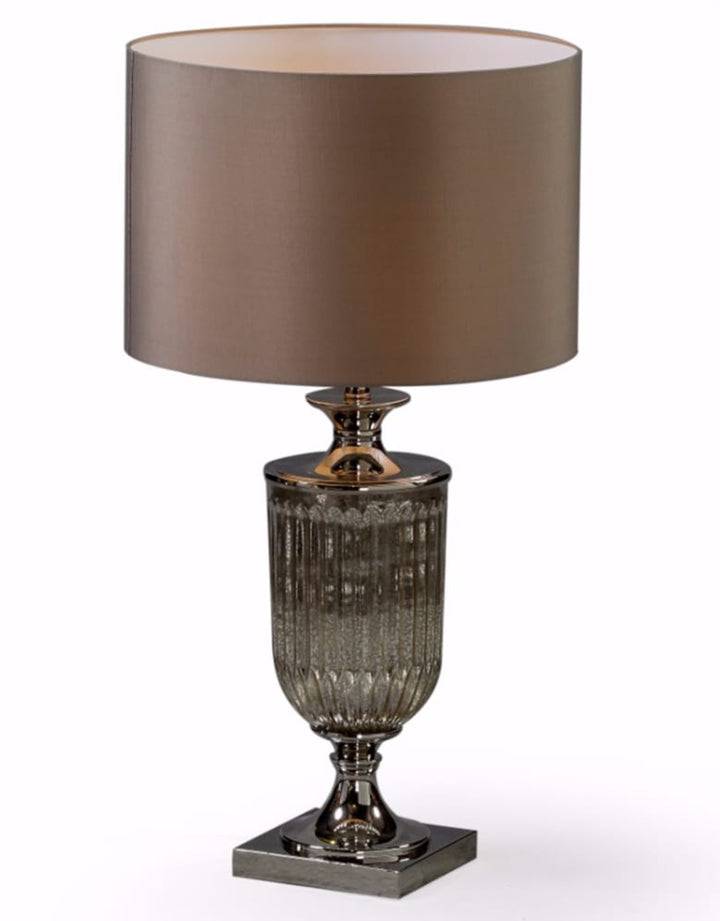 Antiqued Glass Urn Lamp with Taupe Cylinder Shade