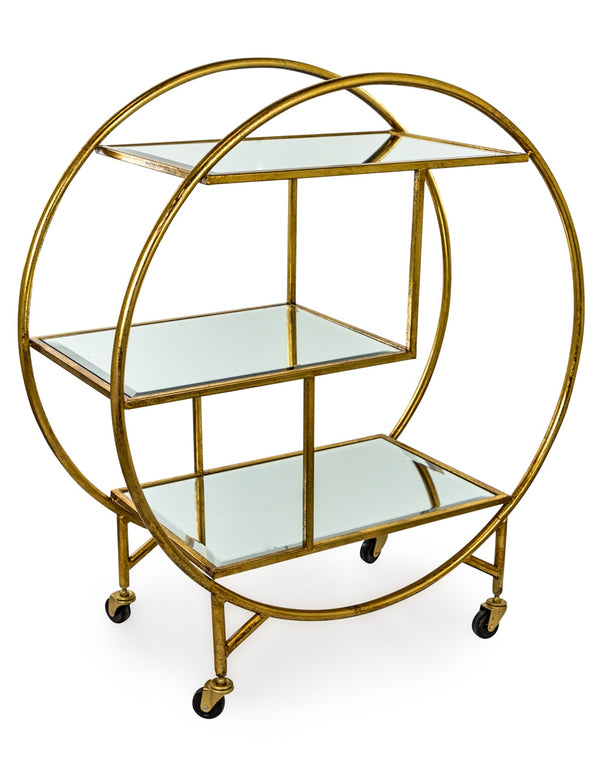 Antiqued Gold/Bronze Round Metal Bar Trolley with Mirror Shelves