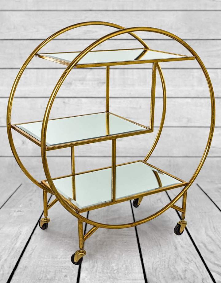 Antiqued Gold/Bronze Round Metal Bar Trolley with Mirror Shelves