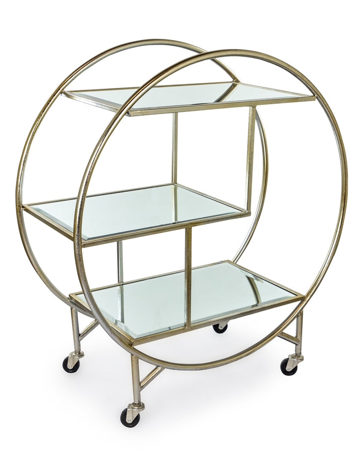 Antiqued Silver/Champagne Round Metal Bar Trolley with Mirror Shelves