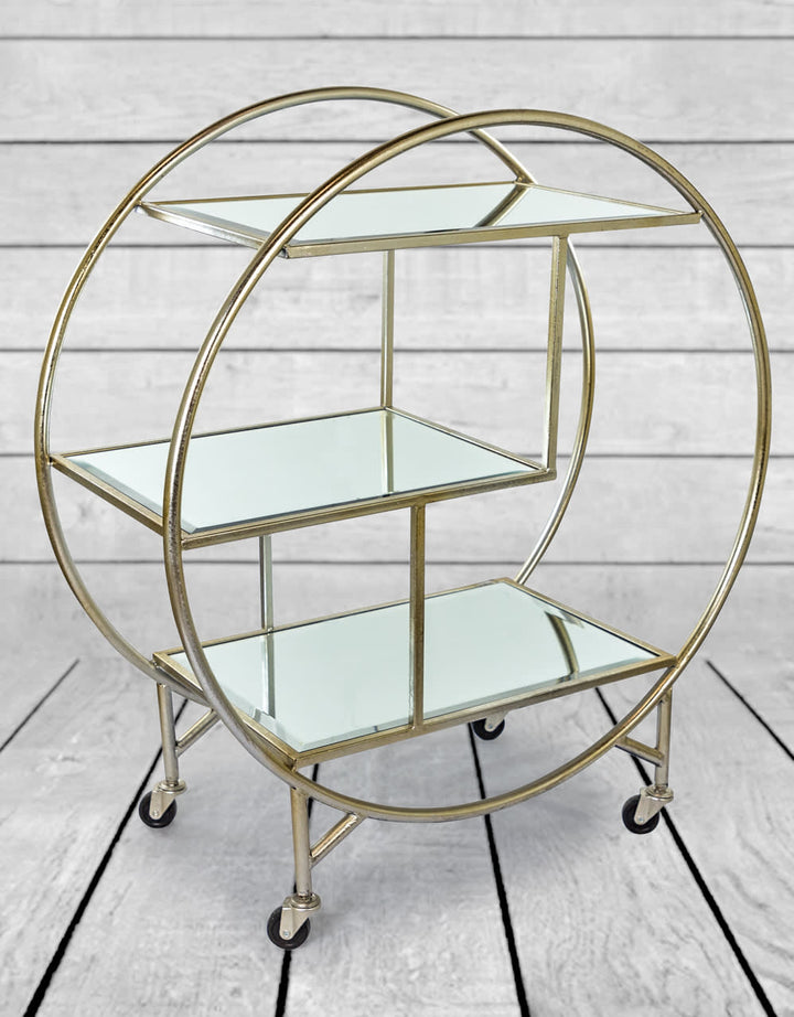 Antiqued Silver/Champagne Round Metal Bar Trolley with Mirror Shelves