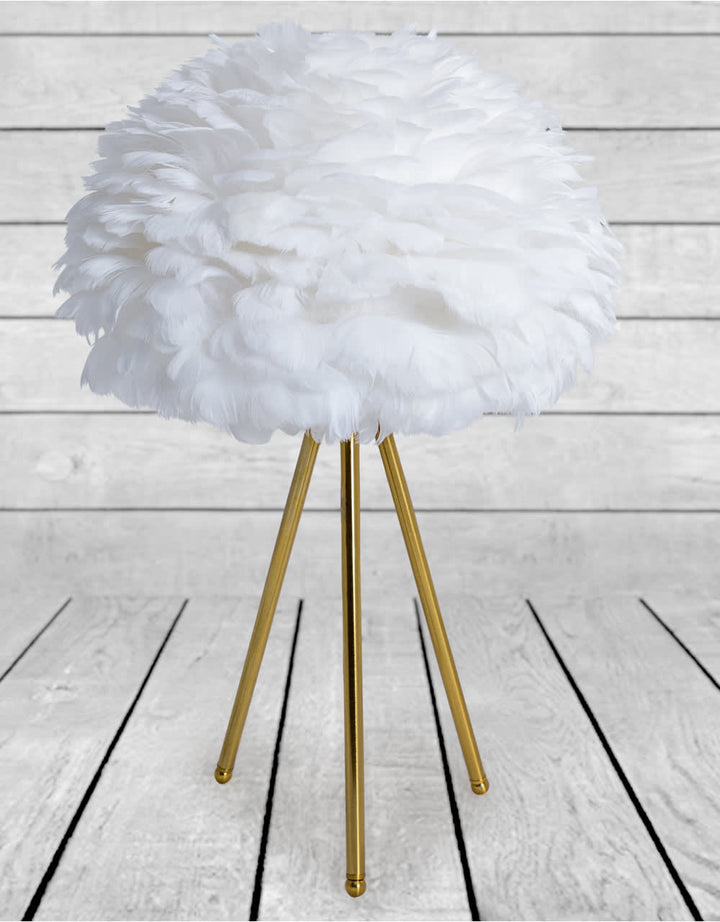 Brushed Brass Tripod Table Lamp with White Feather Shade