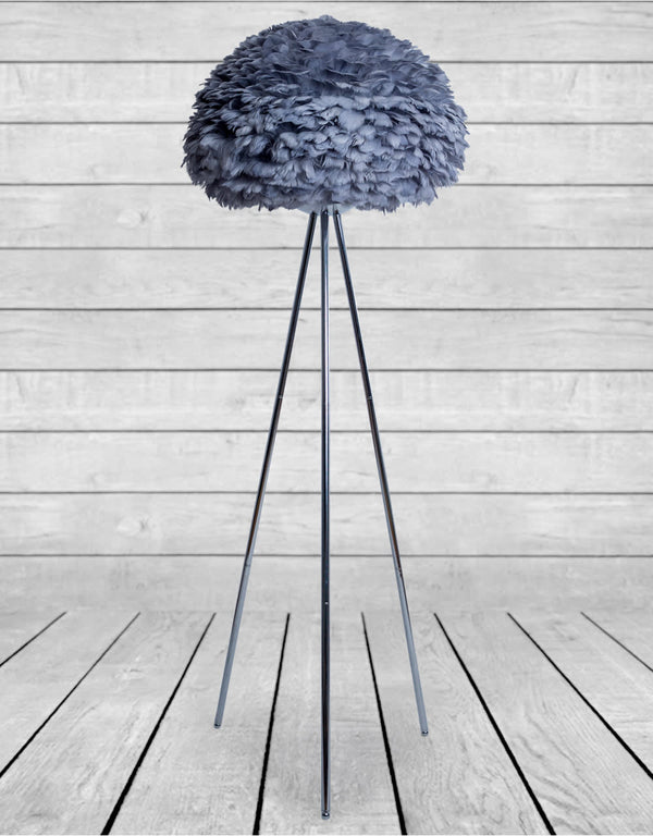 Chrome Tripod Floor Lamp with Grey Feather Shade