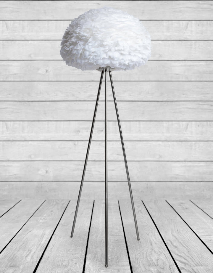 Chrome Tripod Floor Lamp with White Feather Shade