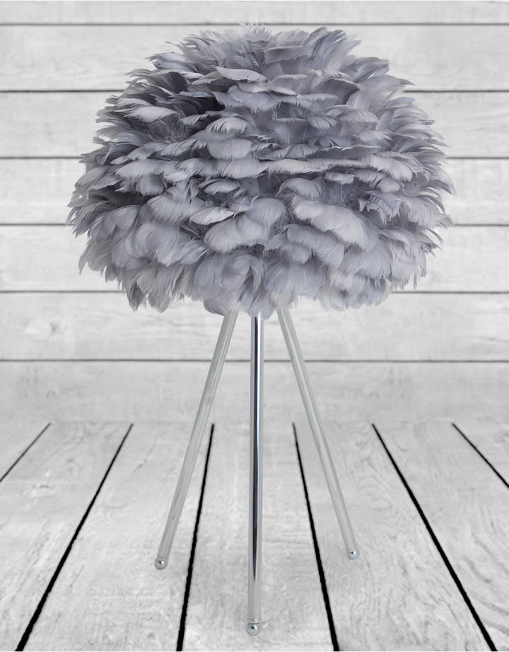 Chrome Tripod Table Lamp with Grey Feather Shade