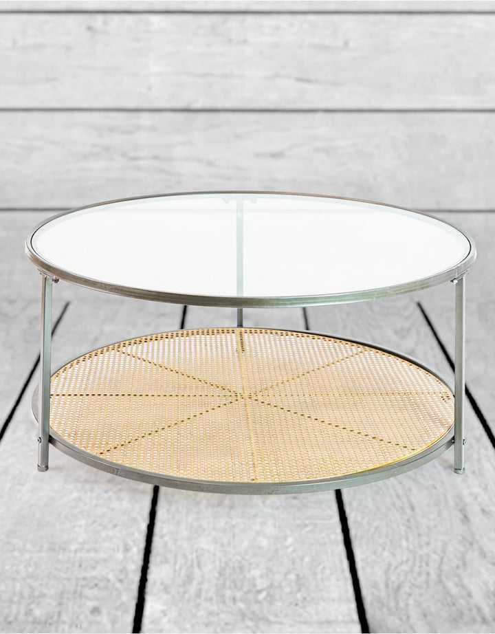 Iron, Glass and Rustic Metal Rattan Round Coffee Table