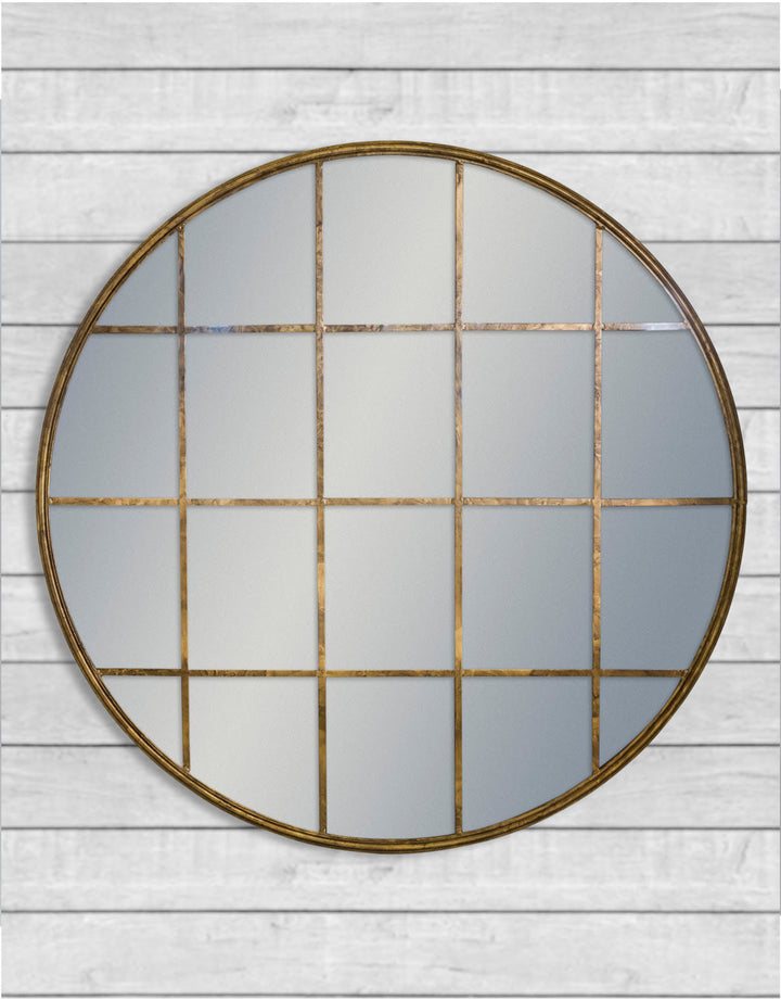 Large Antiqued Gold Round Metal Window Mirror