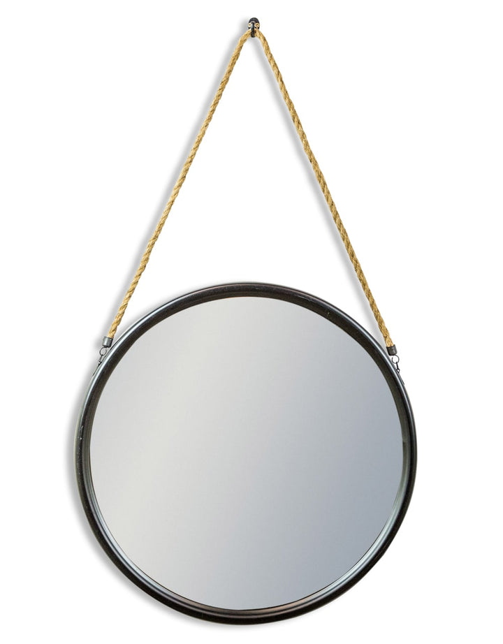 Large Round Black Metal Mirror on Hanging Rope with Hook