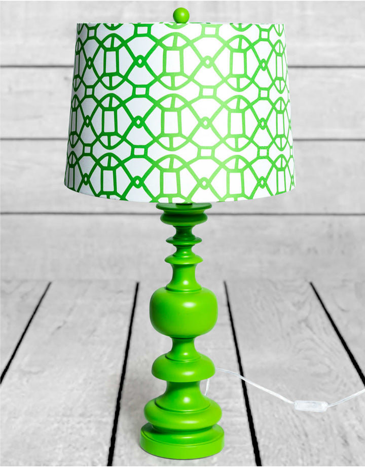 Matt Green Column Table Lamp with Patterned Shade