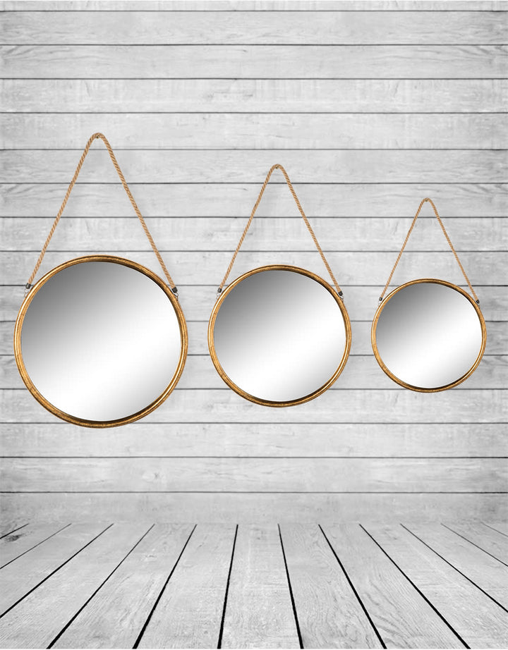 Medium Round Gold Metal Mirror on Hanging Rope with Hook