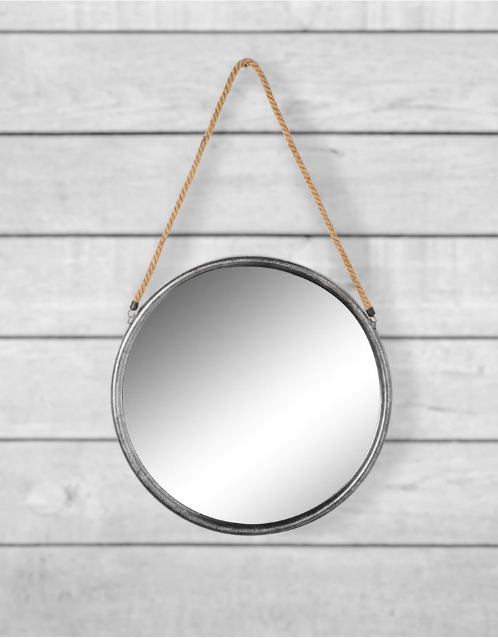 Medium Round Silver/Champagne Metal Mirror on Hanging Rope with Hook