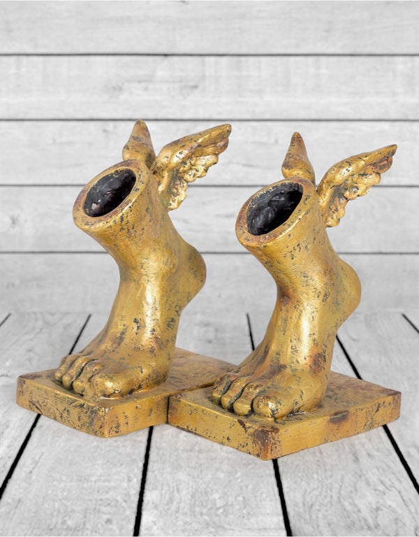 Set of 2 Antiqued Gold Winged Foot Planters