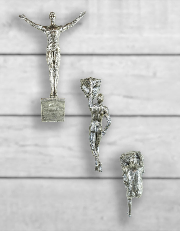 Set of 3 Antique Silver Rock Climbing Men Wall Figures