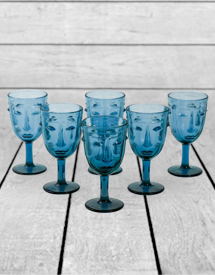 Set of 6 Blue Deco Face Wine Glasses