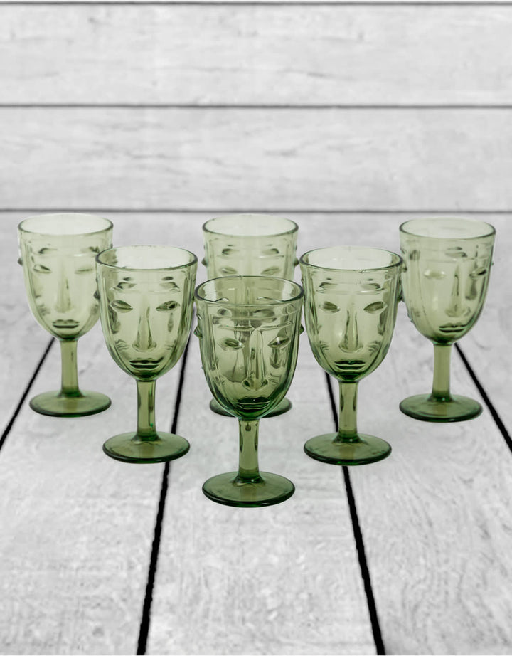 Set of 6 Green Deco Face Wine Glasses