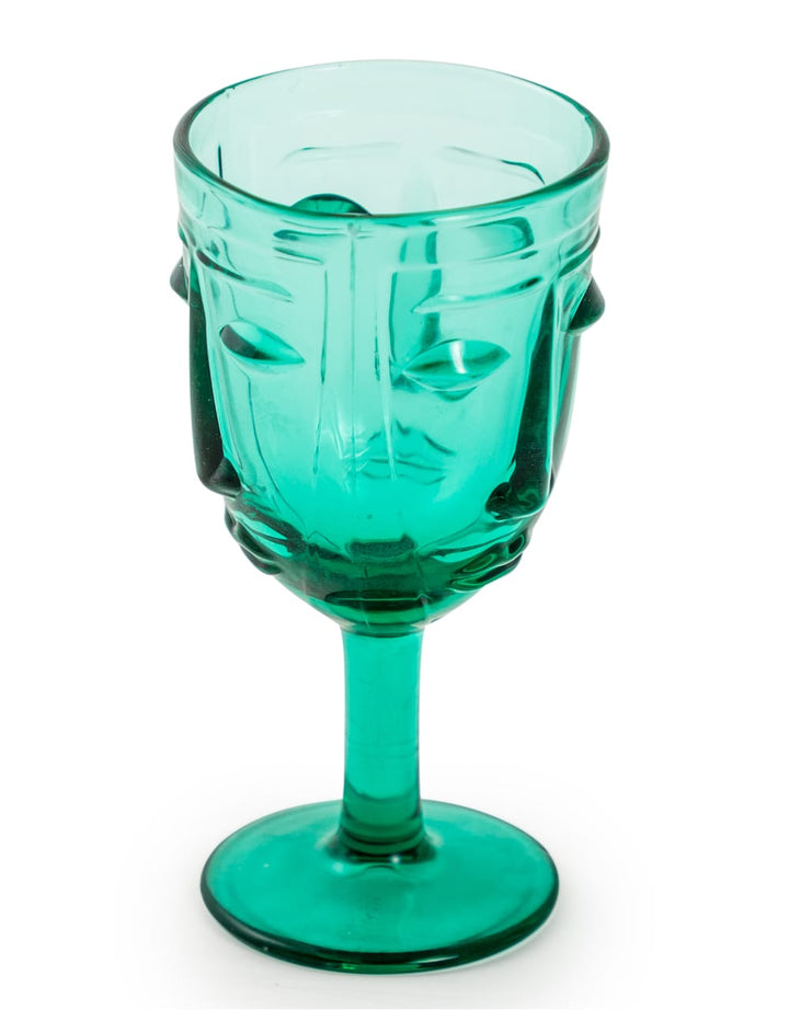 Set of 6 Teal Deco Face Wine Glasses