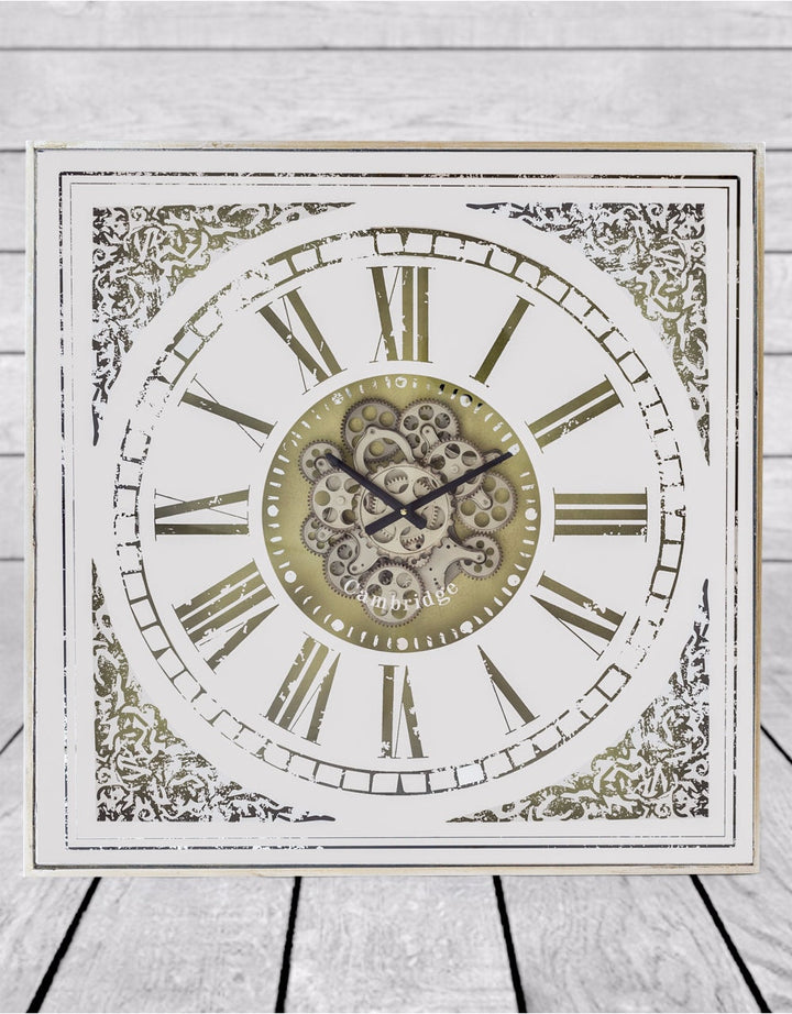 Square Antiqued Mirrored Face Moving Gears Clock